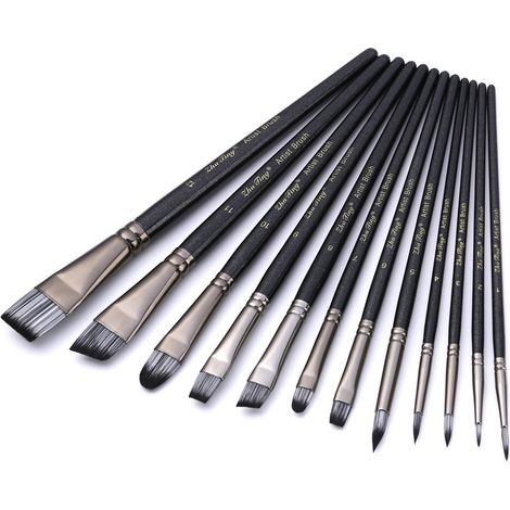 Ensemble de 12 pinceaux d'artiste, pinceaux aquarelle professionnels pour peinture acrylique, gouache, huile, tempera et maquillage artistique (visage et corps). (1/5)
