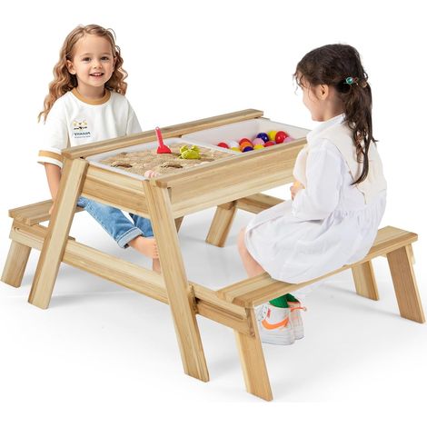 Costway – Table de pique-nique enfant en bois massif – 4 en 1 avec plateau amovible et 2 bacs à sable – Pour intérieur et extérieur – Charge 100kg