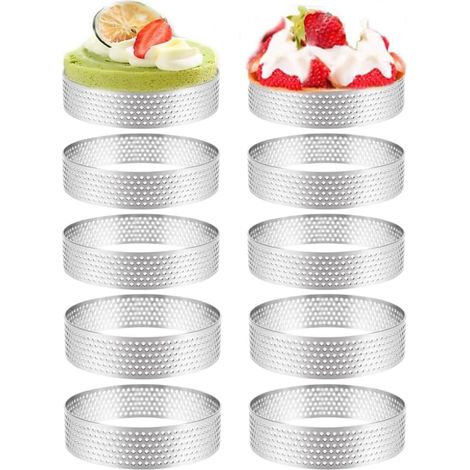 10 x Stainless Steel Perforated Pastry Circle Rings for Fruit Quiches Cake Mousse French Tart Circles Dessert Baking Mould 10 cm (1/5)