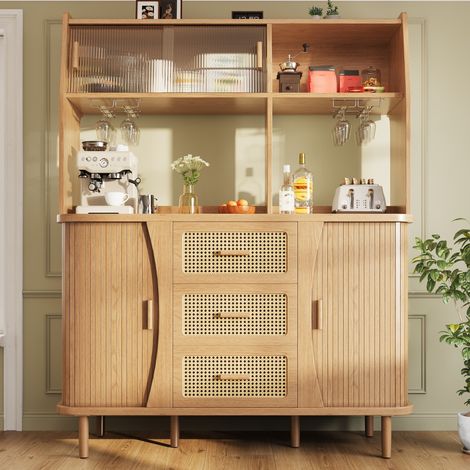 Buffet rotin 140x40,5x174,5cm vitres coulissantes rangement charge 60kg meuble cuisine finition bois naturel haut gamme (1/5)