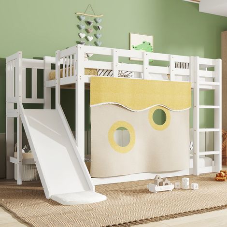 Lit superposé 90x200 cm blanc mdf pin escalier toboggan garde-corps rideau (1/5)