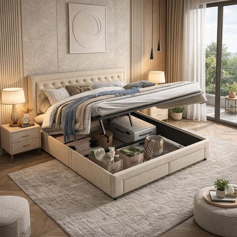 Lit Coffre 160x200 cm avec 2 Tiroirs, Lit capitonné en Velours Beige avec Sommier à Lattes, Structure de Lit Adulte avec Grand Espace de Rangement Hydraulique (1/5)