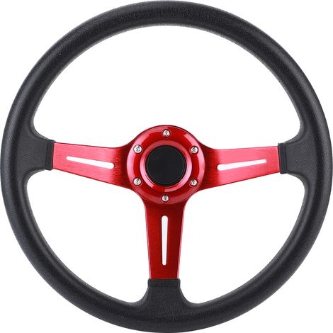 Volant Universel 14 Pouces Cuir PU Aluminium Alloy Rouge avec Bouton Klaxon pour Voiture Modifiée (1/5)