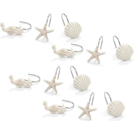 Crochets de rideau de douche - Lot de 12 anneaux décoratifs antirouille pour rideau de salle de bain, motifs océan (hippocampe, coquillage, étoile de mer), blanc (1/5)