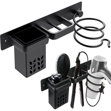 Supporto a parete per asciugacapelli e piastra per capelli, accessorio da bagno nero (1/3)