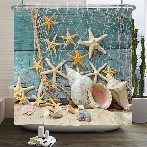 Rideau de douche 3D motif plage, rideau de salle de bain mer Méditerranée, tissu imperméable, 240 x 180 cm