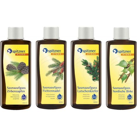 Spitzner Saunaaufguss 4er Set Zirbenzapfen Fichtennadel Latschenkiefer Nordische Birke 4x 190ml