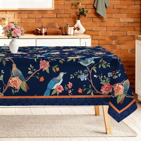 Tischdecke Rechteckig 140x180 cm Dunkelblau mit Vogelmuster, Polyester, pflegeleicht