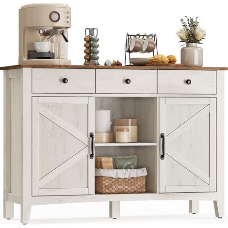 Buffet, Meuble de Rangement avec Tiroir, Meuble de Cuisine, avec Portes, Étagère Réglable, Style Campagne, pour Salon, 40 x 114,5 x 80 cm, Blanc Rustique et Marron Miel BBK371W02V1 (1/5)