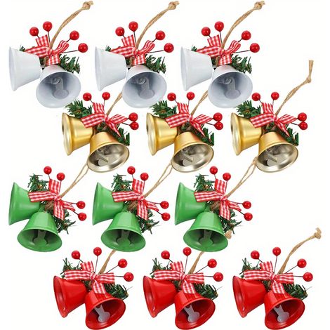 12 cloches de Noël en fonte avec nœud vichy rouge et blanc et verdure - Décorations suspendues durables pour intérieur/extérieur (1/5)
