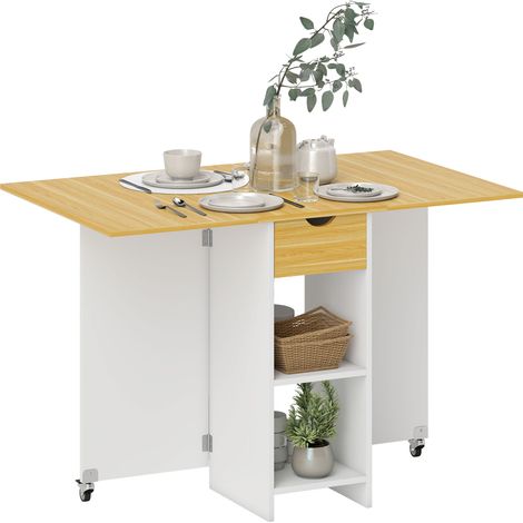 Klapptisch für 2-4 Personen mit 2 Ausziehplatten, Schublade und Ablagen, Eiche