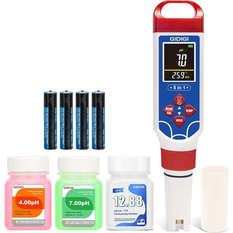 Testeur 5 en 1 : pH, TDS, EC, température, sel，Écran couleur et fonction de réinitialisation,Sel mètre pour piscine,pH-mètre pour aquarium, récifal, hydroponie et eau de cuisson (1/5)
