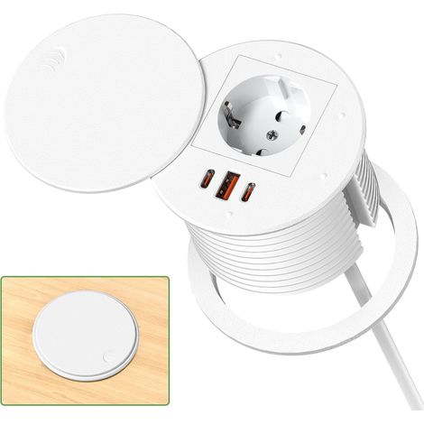 Prise Encastrable Plan de Travail avec USB C PD 35W, Multiprise Encastrable Bureau avec Couvercle, Bloc Prise Escamotable pour Cuisine Bureau Meubles, 3680W/16A, 1,8M de Câble, Blanc (1/5)