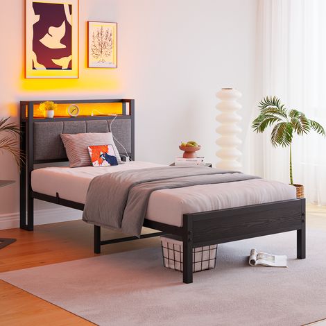 Cadre de lit 90x200cm avec éclairage LED intelligent, tête de lit équipée d’une station de charge USB et d’un espace de rangement, sommier à lattes métalliques robuste, silencieux, montage simple, san