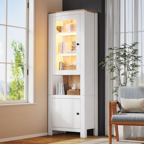 Vitrina alta 70x40x188 cm blanca en tablero de partículas y vidrio con LED, baldas ajustables y 2 puertas (1/5)