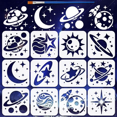 12 Styles Planètes Motif Pochoirs Avec Un Pinceau 15x15cm Lune Étoiles Peinture Pochoirs Système Solaire Pochoir Thèmes Science Fiction Modèle pour Peinture sur Bois Mur Meubles (1/5)