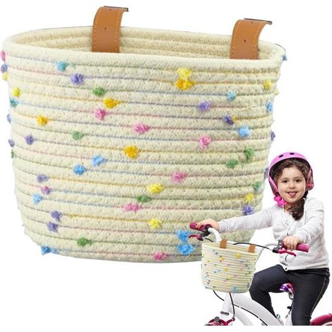 Cesta blanca trenzada para bicicleta infantil con lunares de colores: divertida y duradera cesta universal para bicicleta con correas de su,cuero (1/5)