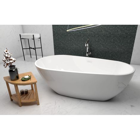 ECOLAM Baignoire autoportante Kira 166x85 cm + table d'angle en Bambou Costa Baignoire îlot en acrylique blanc. Siphon Click Clack (1/5)