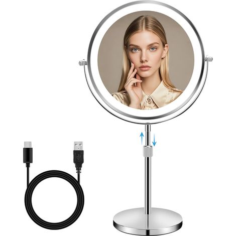 8.7" Miroir Maquillage Grossissant 1X et 10X Double Face avec lumière LED Rechargeable, Miroir Coméstique Hauteur Réglable Pivote à 360° avec 3 Réglages de Couleur(Argent)