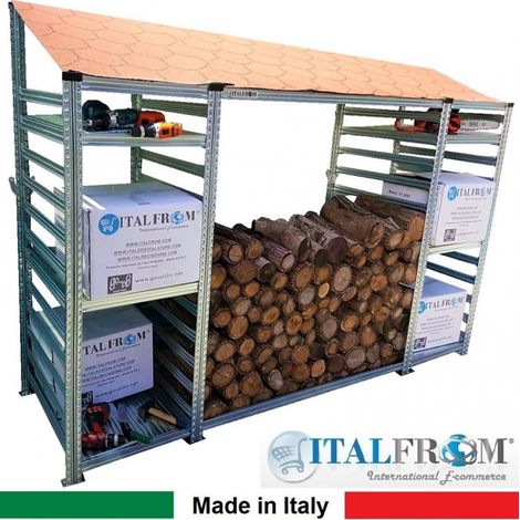 Legnaia Modulare ITALFROM� in Acciaio Zincato con Staffe a Parete - con 6 Ripiani Portaoggetti - Modulo Iniziale - cm L218(M1=60 + M2=98 + M3=60)xP60xH200 Tetto Rosso (1/4)