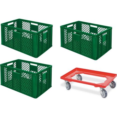 BRB Lot de 3 bacs euros ajourés, qualité alimentaire, 600 x 400 x 320 mm, avec chariot de transport (vert)