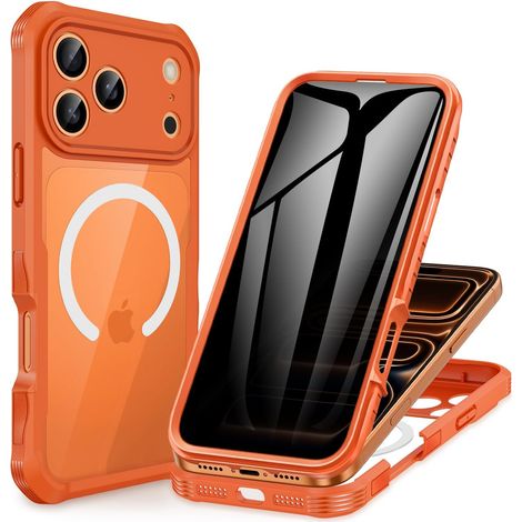 Magnétique Anti Espion Coque iPhone 17 Pro Max [Compatible avec MagSafe] intégré 9H Verre Trempé Protection écran et Protection Caméra, Antichoc Téléphone Housse Case Intégrale Etui -Orange (1/5)