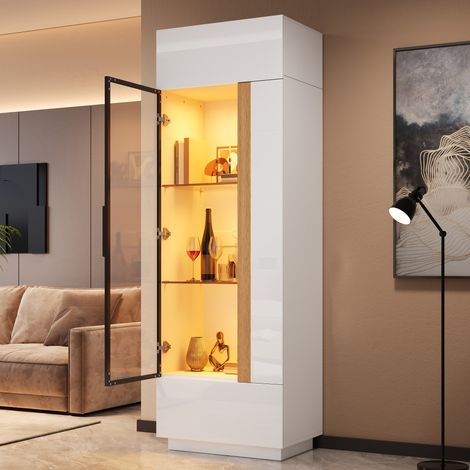Vitrinenschrank Hochschrank mit Glastür, LED-Beleuchtung mit App-Steuerung, Vitrine mit Aluminiumrahmen, Glasvitrine mit LED-Lichtleiste, Wohnzimmerschrank, Aufbewahrungsschrank mit Türen (1/5)