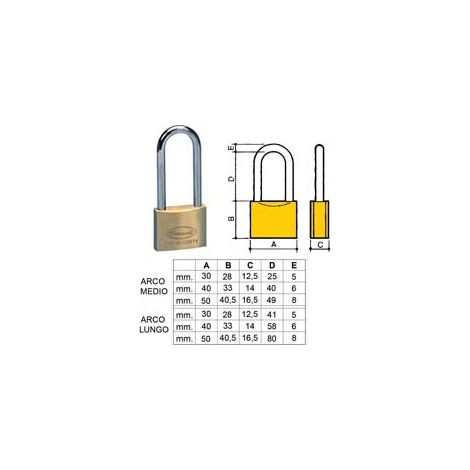 LUCCHETTO OTTONE ARCO LUNGO 2700- - mm.50 arco lungo (2790) - 6 pezzi POTENT