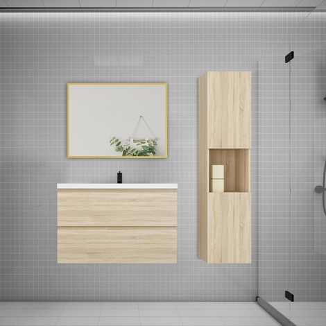 Ensemble meuble Chêne et vasque L.79cm 2 tiroirs + colonne1 haut + lavabo + miroir 80x60cm-suspendu (1/5)