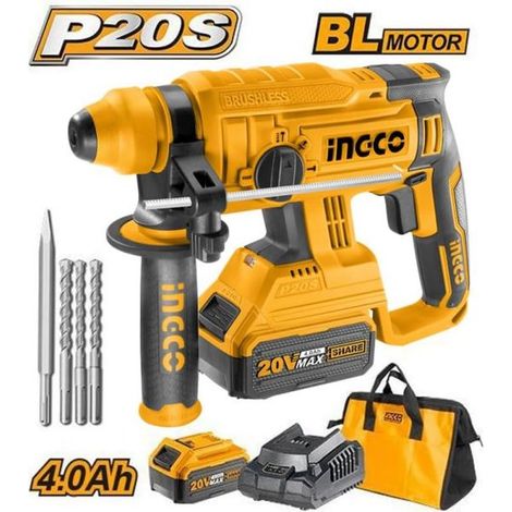 INGCO Martello demolitore brushless SDS Plus 20V con 2 batterie 4Ah e accessori