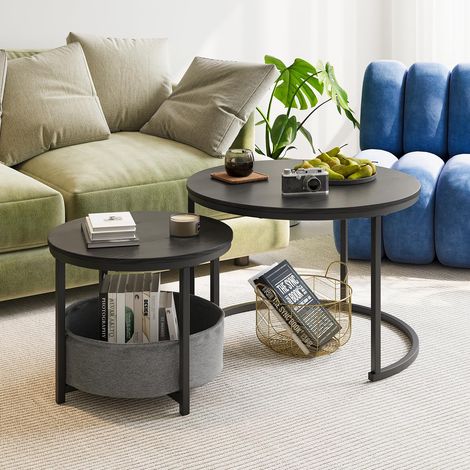 Ensemble de 2 tables basses rondes, tables d'appoint de style industriel avec structure en métal et plateau en bois, tables gigognes avec poche de rangement, gain de place pour le salon (1/4)