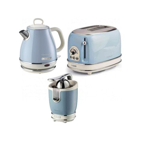 Pack bouilloire électrique 1L – Grille-pain 2 fentes 810W – Presse-agrumes électrique 85W – Design vintage bleu – Ariete