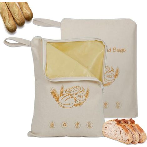 Sacchetti per il pane in cera d'api, riutilizzabili, con cerniera e manici, in cotone naturale, per pane fatto in casa (set da 2, 33x43 cm) (1/4)