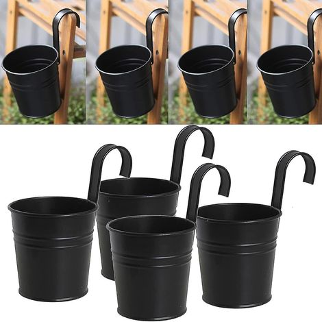 Set mit 4 schwarzen Hängeblumentöpfen aus Eisen mit abnehmbarem Haken für den Innen- und Außenbereich – Hohe Qualität (1/5)