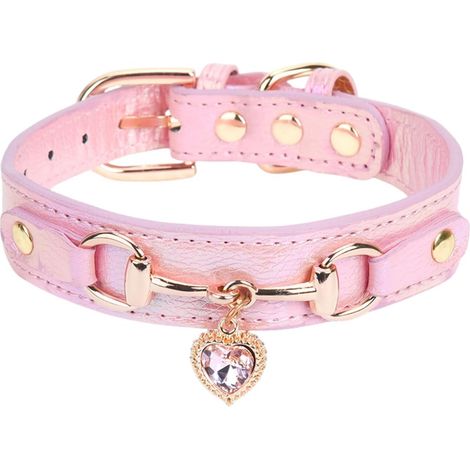 Collier pour petite chienne, rose, taille XS - Décor strass scintillants et breloque cœur, collier ajustable en cuir PU à 5 trous, boucle dorée