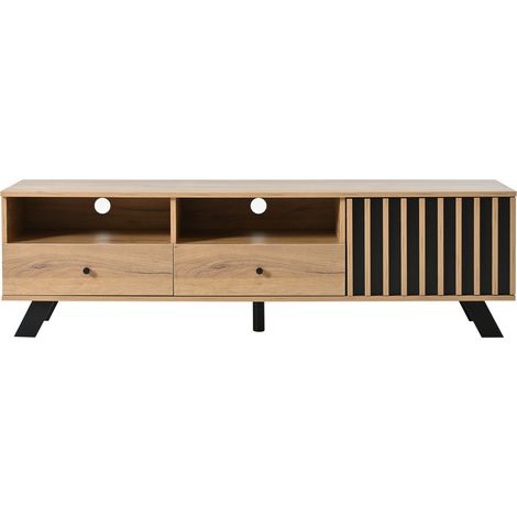 Meuble TV 150x38x44 cm avec 2 tiroirs et 1 placard en panneaux de particules, couleur bois naturel et noir, adapté pour TV 60 pouces (1/5)