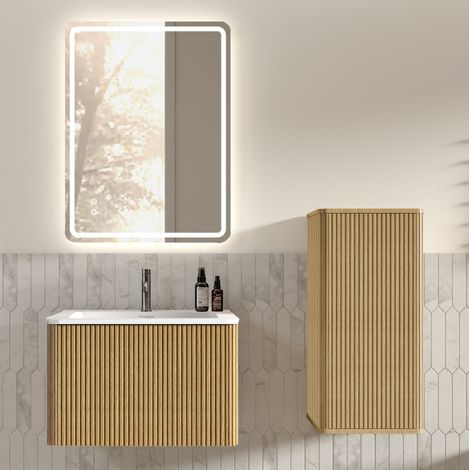 Hängendes Badmöbel-Set 61 cm mit LED-Spiegel, Waschbecken und Seitenschrank, Eiche (1/5)