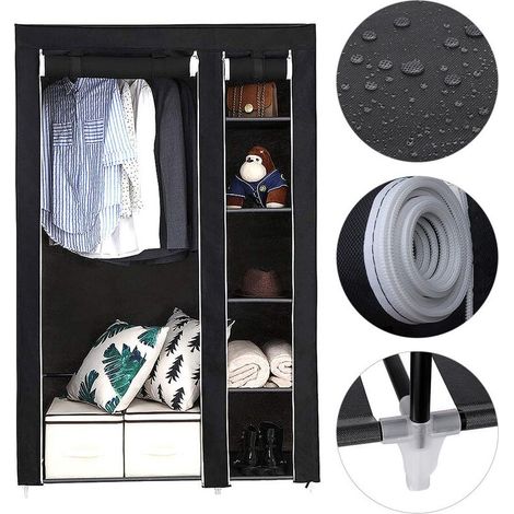 Armoire de Rangement Penderie Dressing en Tissu Non Tissé avec 5 Etagères + Tringle 105 x 172 x 43 cm Noir (1/5)