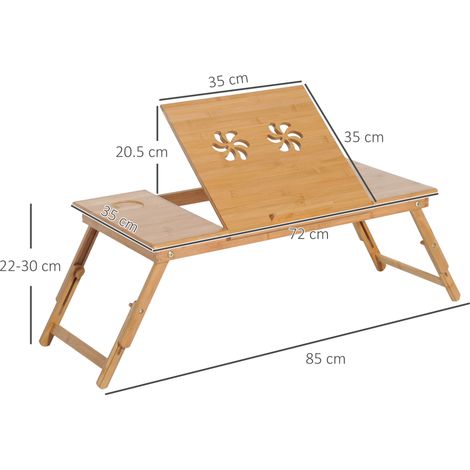 Table de chevet pliable et inclinable pour ordinateurs portables (avec tiroir), 72x35x22-30cm, grain de bois. (1/5)