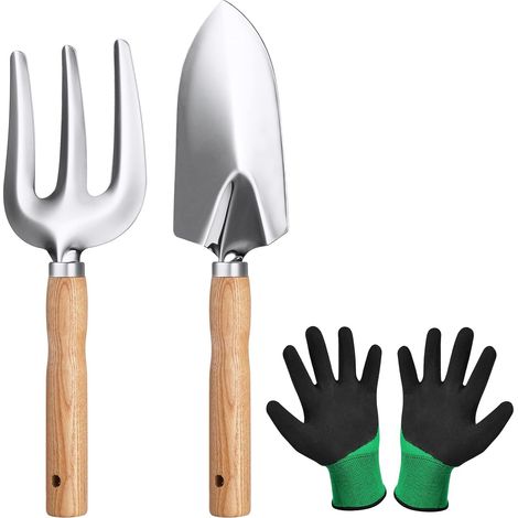 3-teiliges Gartenwerkzeug-Set – Edelstahl und Holz – Schaufel, Gabel, Handschuhe – für drinnen und draußen (1/5)