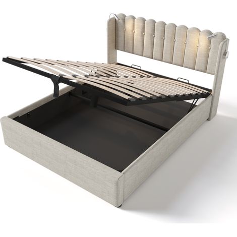 Letto Contenitore Letto Matrimoniale con USB e Luce da Lettura 160×200 cm, con Materasso, Lino Beige (1/5)