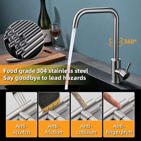 Robinet de cuisine, mitigeur de cuisine rotatif à 360°, robinet de cuisine à levier unique, acier inoxydable, robinet avec tuyau PEX, permet de régler l'eau froide et chaude, conception de base épaiss (1/4)