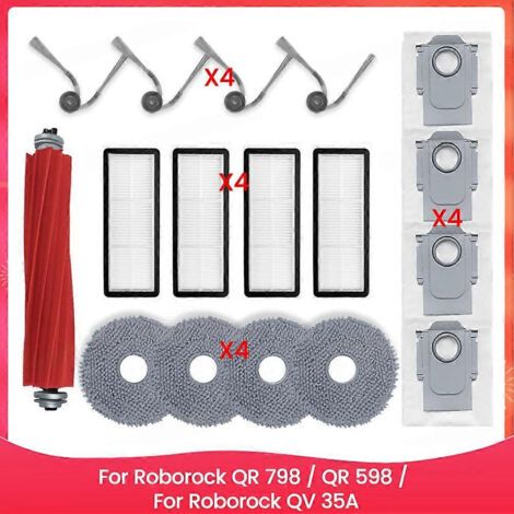 Pièces détachées pour aspirateurs Roborock QR 798 / QR 598 / Roborock QV 35A : rouleau principal, brosse latérale, filtre HEPA, lingette de nettoyage et sac à poussière