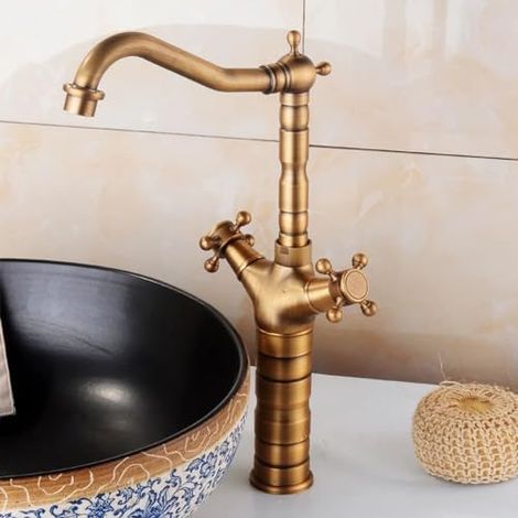 Vintage brass bathroom sink faucet, retro double handle mixer tap for elegant bathroom (1/3)