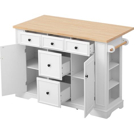 Isla de Cocina con 5 Cajones, Encimera Abatible, Estantes Ajustables, Enchufes y USB, MDF, Blanco, 130,5 x 40-65 x 92 cm (1/5)