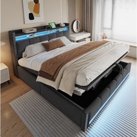 Cama doble tapizada con almacenamiento LED y USB OKMYHOME (1/5)