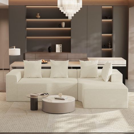 Canapé d'angle droit modulaire compressé 3 places,Tissu en velours côtelé,Mousse haute densité,Sans assemblage pour salon,270x152x59cm,Beige (1/5)