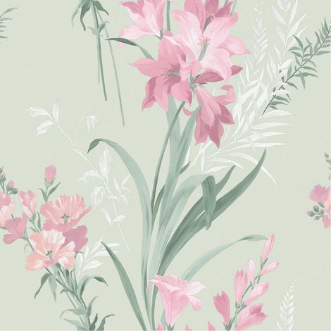 Thalia Floral Wallpaper Sage Green Natural Botanical Belgravia Feature Wall (1/4)