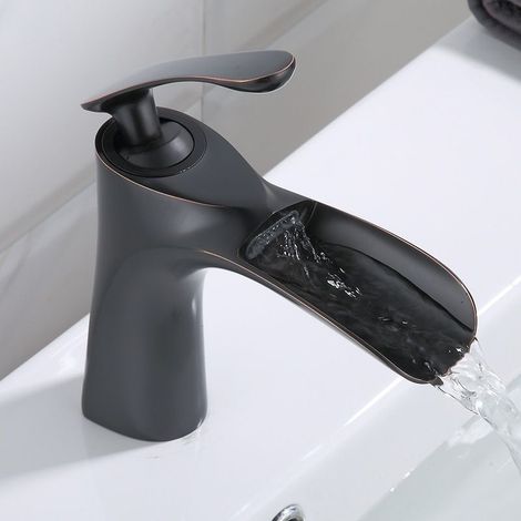 Noir Robinet de salle de bain Robinet cascade simple poignée laiton Elégant Robinetterie vasque-bas Mitigeur salle de bains (1/2)