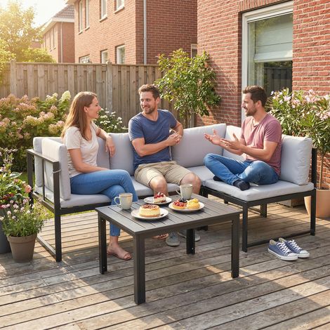 Set da Giardino 3pz con Divano Angolare 4 Posti e Tavolino a Doghe, in Metallo e Poliestere Grigio
